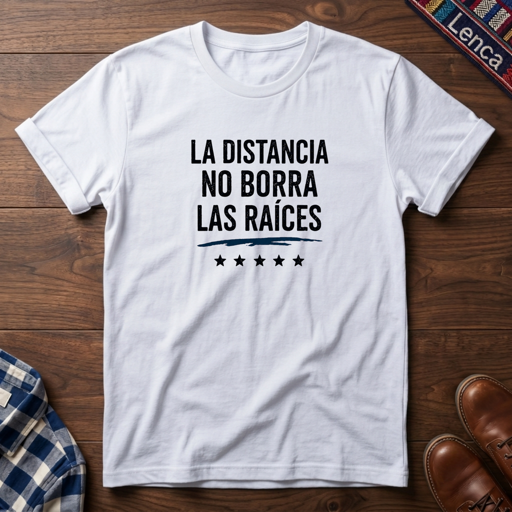 White t-shirt with 'La Distancia' text on a wooden surface.